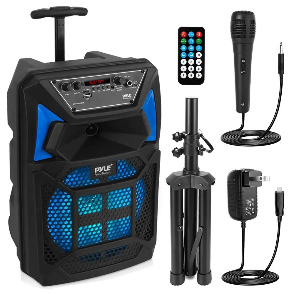 400W Portable Bluetooth Stereo PA Speaker with Rechargeable Battery, Wireless Micro, LCD, Remote Control, Radio, LED Lights, Wheels, USB, Cable Support, Karaoke Function, MP3 Compatibility, Smartphone/Device Connectivity, Button Controls, Audio Playback