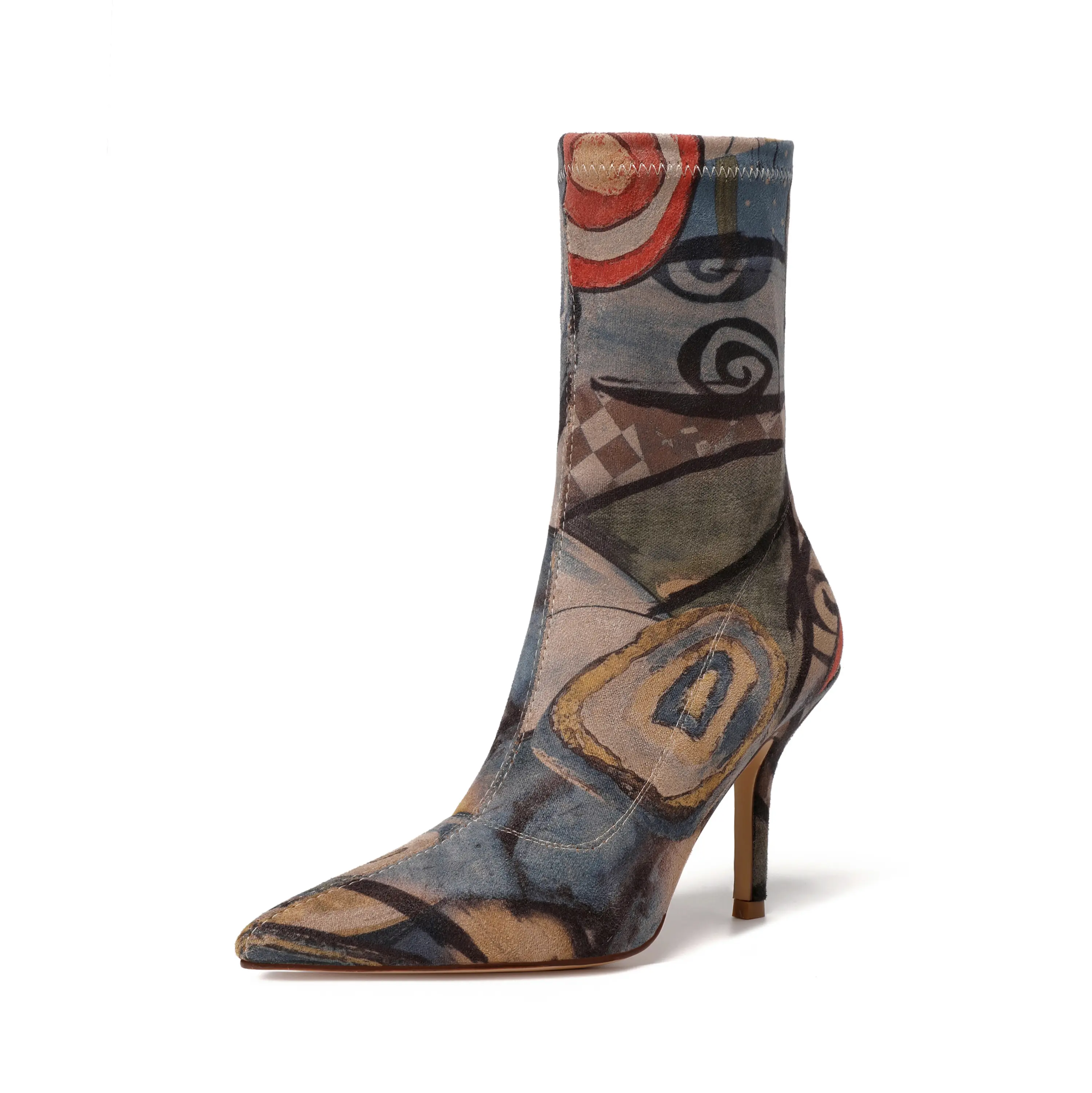 vivianly Women's All Over Print Statement Sock Booties, Pointed Toe Stiletto Heels, Stretch Zip Footwear for Alternative Style and Casual Wear, Women's Fashion, Comfortable Heels, Statement Shoes, Avant Garde Fashion, Irregular Print, Unique, Design