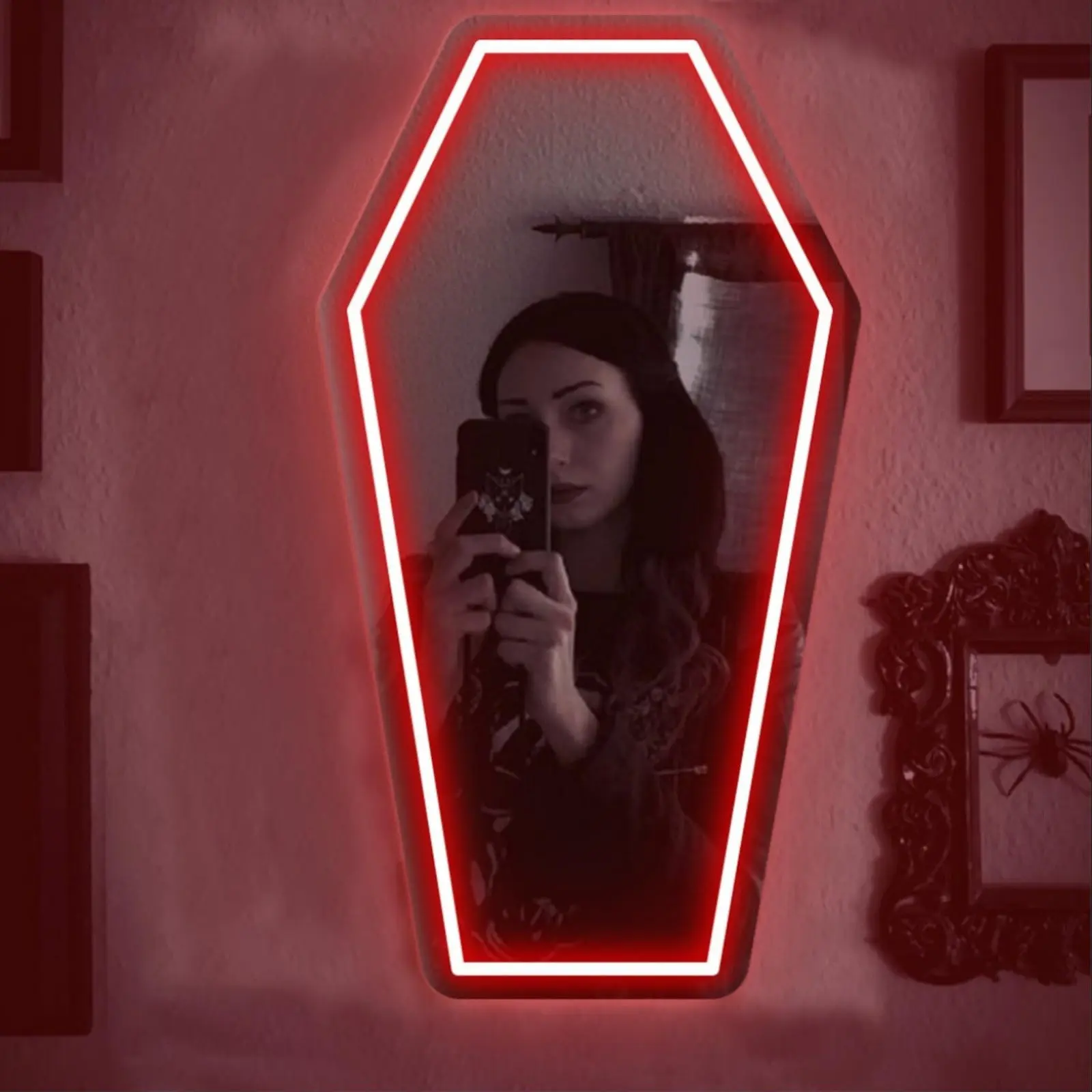 USB Dimmer Mirror Valentine's Day Coffin Mirror with Neon Lights, Led Lighted Mirror, Illuminated Mirror, Gothic Design, Equipped with a Dimmer Switch, Suitable for Bedrooms, Studios, Gothic-Themed Parties, Dimmable Led Mirror