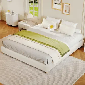 Queen Size Cloud Bed Frame，Teddy Fleece Low Bed Frame Without Headboard, Thick Boucle Fabric Upholstered Platform Bed, Solid Wood Legs, No Box Spring Needed, Never Squeak, Easy Assembly, Cream