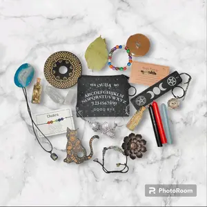 witchy items: crystal holder keychain jewelry incense candles bags