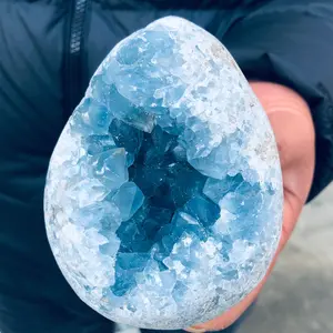 Handmade Natural Blue Celestite Geode Quartz Crystal Mineral Specimen, 1.67lb Hand-Polished Spiritual Healing Good Luck Home Decor for Soft Home Accents (Waterscape Decor & Statue Figurine Accessory)