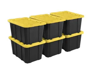 Large Storage Bin, 27 Gallon Plastic Storage Container with Snap-On Lid, Black and Yellow, 6 Pack