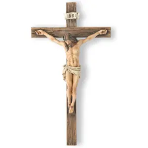Jesus Christ Inspirational Wall Cross — Traditional Design — Natural Wood Grain Texture — Resin & Stone Wall-Mounted Cross