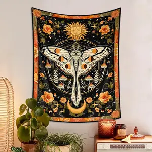Bohemian Style Sun & Moon Pattern Tapestry, 1 Piece Vintage Flower Pattern Tapestry with Free Installation Accessories, Wall Hanging for Home Living Room Bedroom Decor, Tapestry Wall Mural, Home Decor Supplies, Boho Room Decor