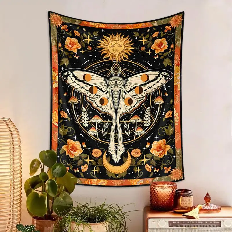 Bohemian Style Sun & Moon Pattern Tapestry, 1 Piece Vintage Flower Pattern Tapestry with Free Installation Accessories, Wall Hanging for Home Living Room Bedroom Decor, Tapestry Wall Mural, Home Decor Supplies, Boho Room Decor Decoration