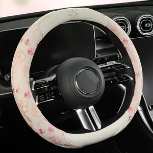 All-Season Floral Car Steering Wheel Cover with Inner Ring - White & Pink Flower Pattern, Soft Durable Fabric, Universal Fit for Most Vehicles, Stylish Car Interior Accessory