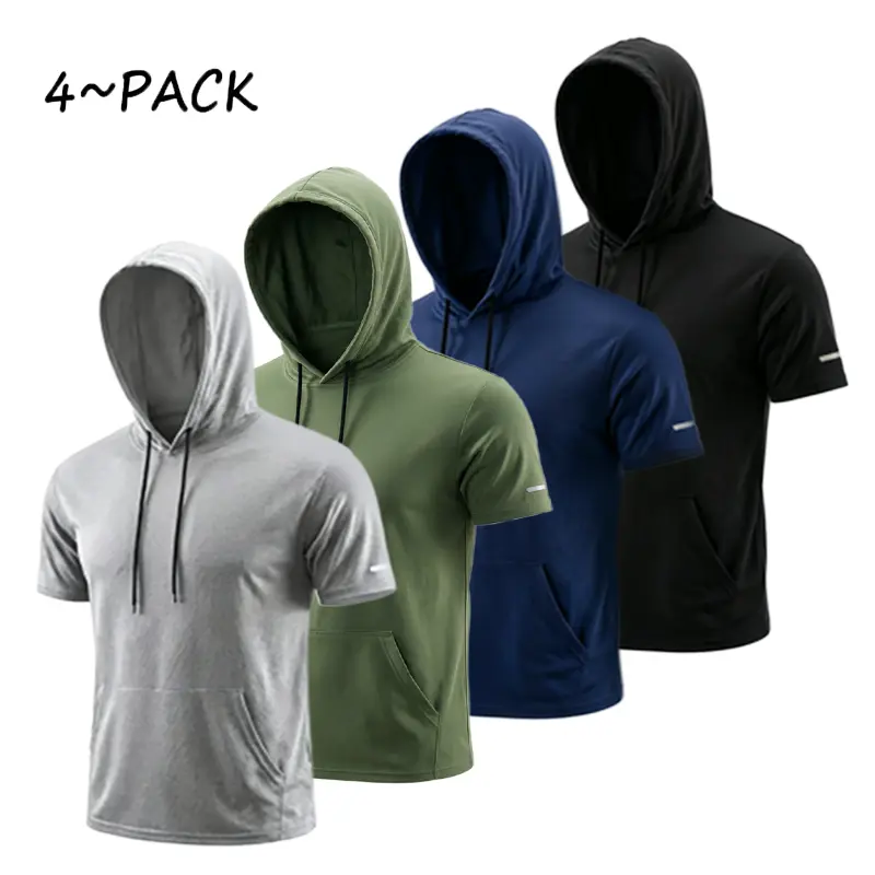 Men’s Athletic Hooded Short-Sleeve T-Shirt - Moisture-Wicking Mesh Solid Color Active Shirt, Quick-Drying Lightweight Pullover Gym Apparel with Kangaroo Pocket, Drawstring, Loose Fit for Summer Athletic Workout Clothing & Fitness Casual Wear, Active Shirt