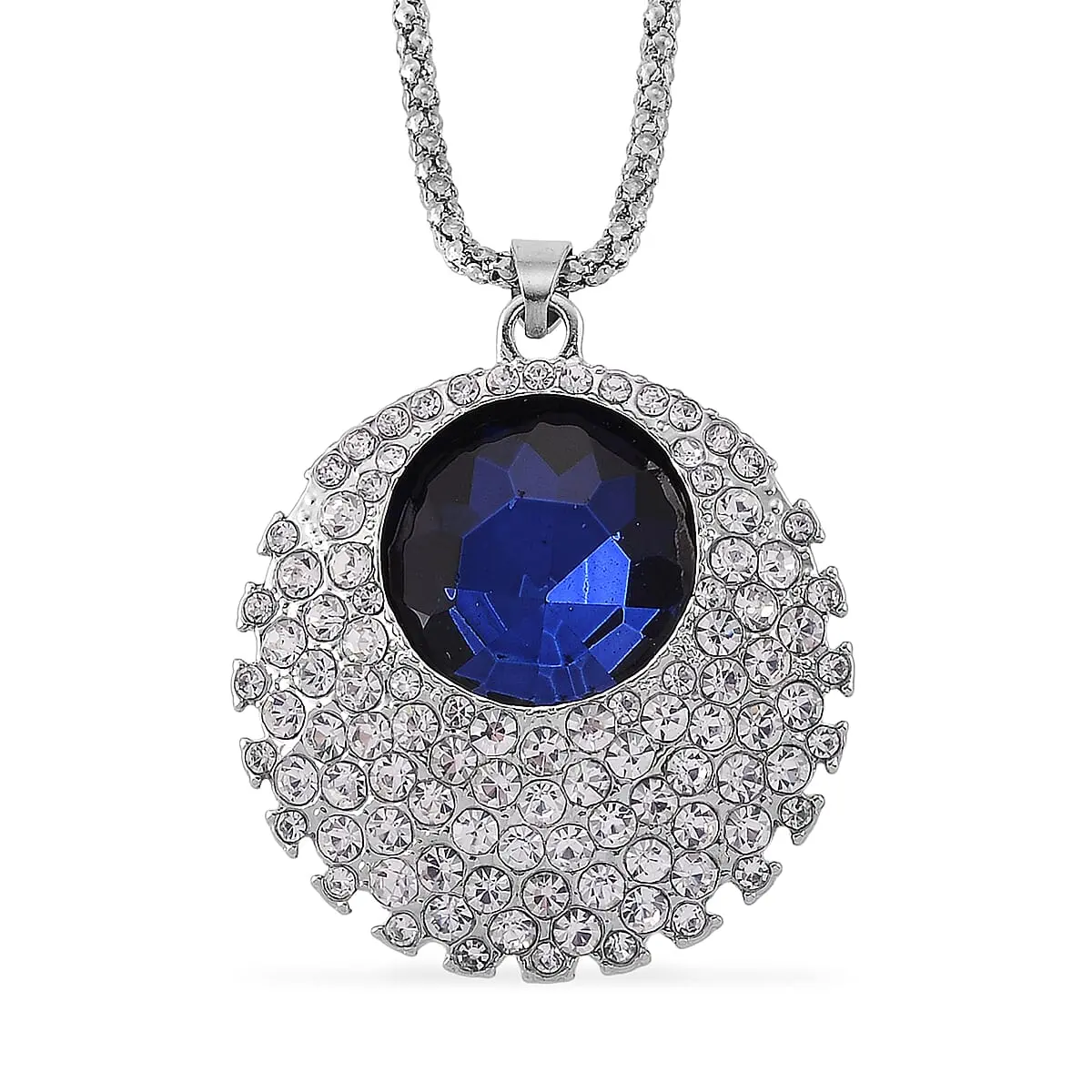 Simulated Blue Sapphire and Austrian Crystal Celestial Pendant Necklace in Silvertone 24-26 Inches
