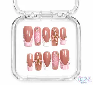 GakuNails BLUSH MAJESTY Press-On Nails, 10 Pcs Long Square Handmade 3D Pink Gel Builder Floral Elegant Quality Reusable Eco-Friendly Cute Nails with Reusability Feature, Gel Nail Glue, Diy Nail Kit