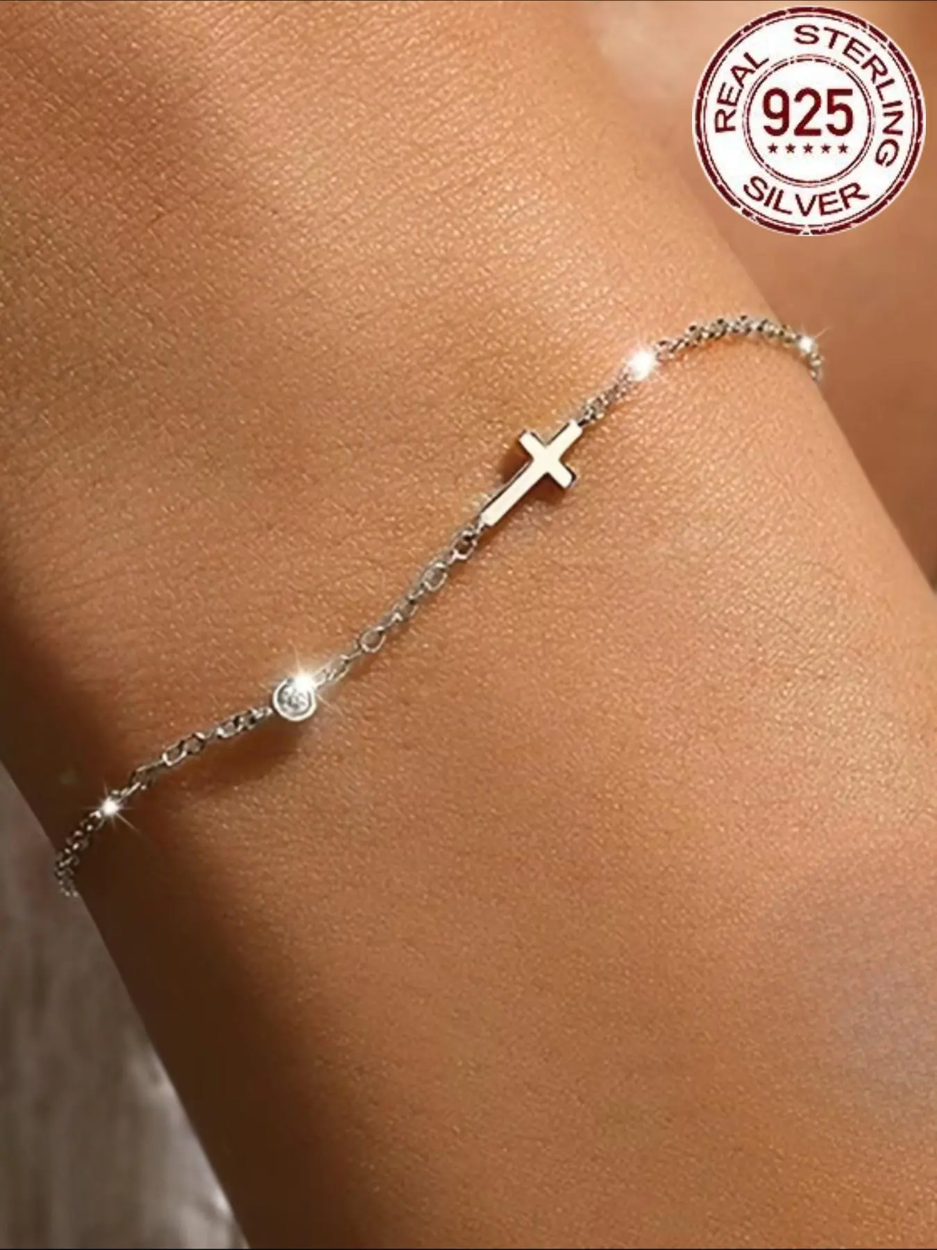 925 Sterling Silver Simple Style Cross & Bead Design Bracelet, Fashion Jewelry for Women, Trendy All-match & Exquisite Jewelry for Birthday Gift, Elegant Jewelry Bracelet, Beautiful Bracelets