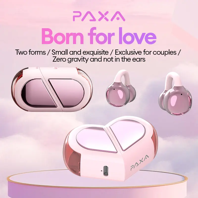 PAXA K521 Heart-Shaped Clip-On Wireless Headphones with Bluetooth 6.0, Stable Connection, 360° Surround Sound, Lightweight Comfortable Design, Cute Gift Earbuds for Girls, Women & Couples, Compatible with Android & iOS
