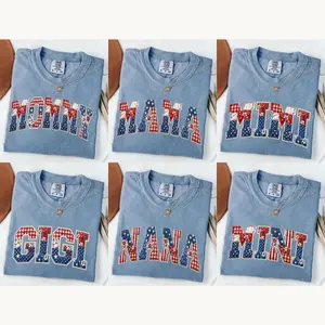Faux Patchwork Mama T-Shirt Comfort Colors, Nana, Gigi, Mimi Floral Grandma Shirt, 4th Of July Tee, Patriotic Family Shirt, 4th Of July USA Flag Print Family Matching Tee Mama Gift