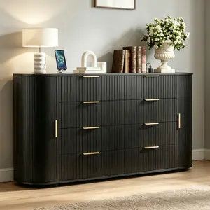 55.12" Fluted 8 Drawers Dresser, Curved Dresser TV Stand with 2 Sliding Doors & Charging Station, Modern Dressers & Chest of Drawers for Bedroom Living Room, Black