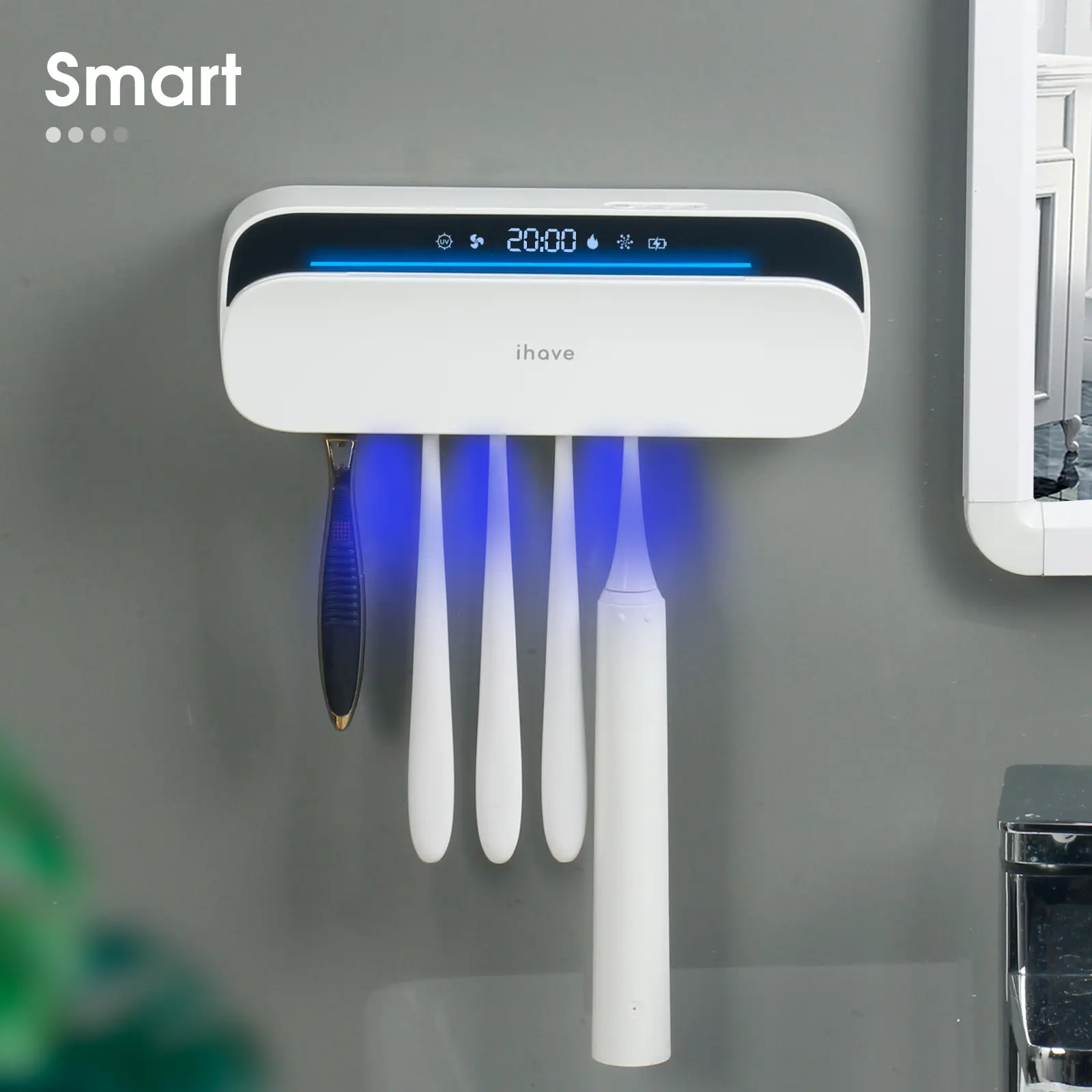 iHave Rechargeable Automatic Smart UV Toothbrush Sanitizer Holder Cleaner - Bathroom 5-Slot Wall Mounted Organizer with Adjustable Hook, Turbo Fan Drying, 100M Negative Ion 360° Deep UVC Bacteria-Killing Sterilizing F8-Wh (for Families)