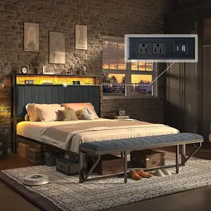 AMERLIFE Bed Frame with Foldable Ottoman, Velvet Upholstered Headboard with Bench, LED Lights, Charging Station and Storage Shelves, No Box Springing Needed, Noisy Free