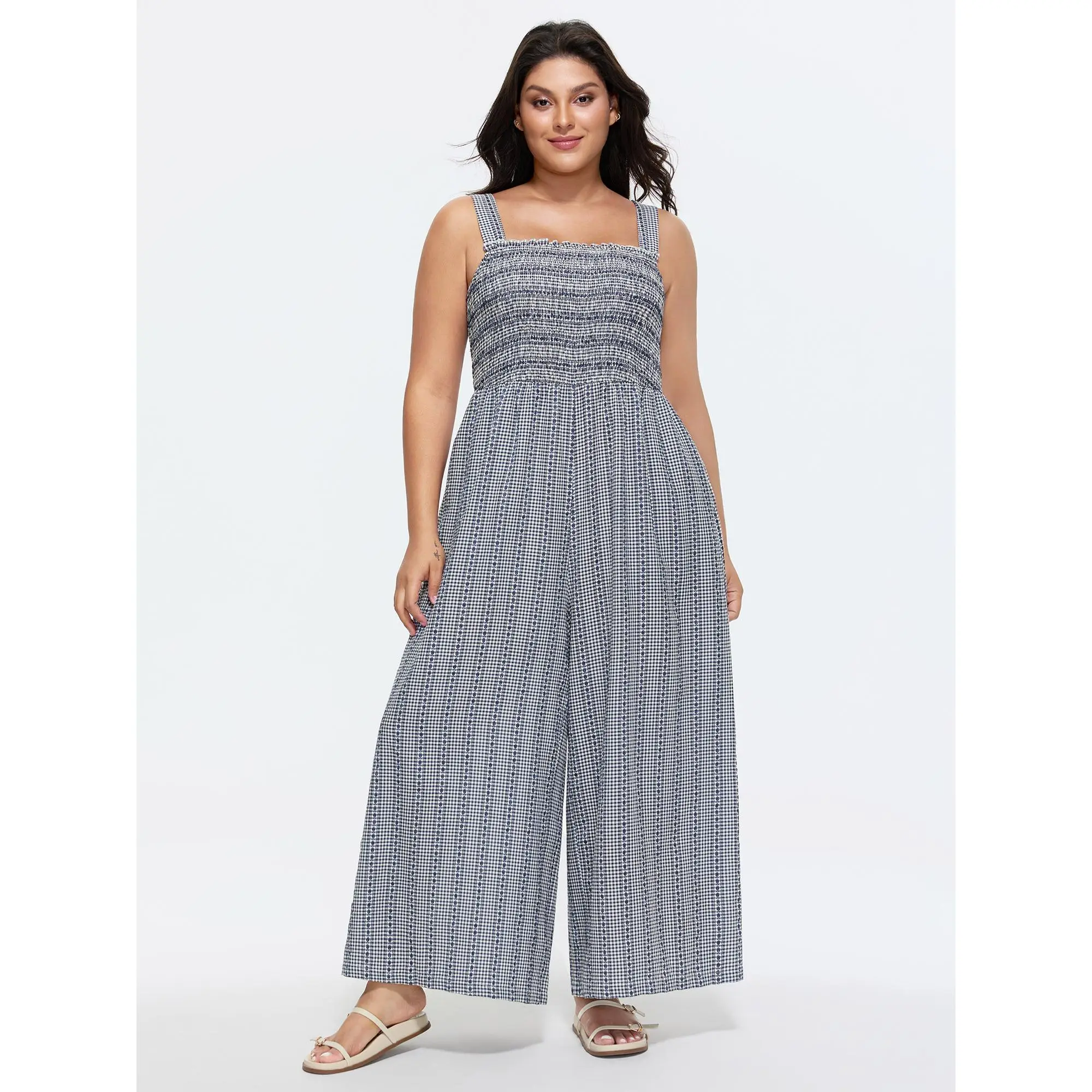 BloomChic Playful Plaid Jumpsuit for Plus Size Lady, Casual Smooth Garment with Smocked Bodice, Ruffle Straps & Pockets, Fabric, Low Iron, Polyester, Overalls, Cotton, Sleeveless, Multi-Size, Plaid Print, Ruffled Straps, Clothes, Cold Wash