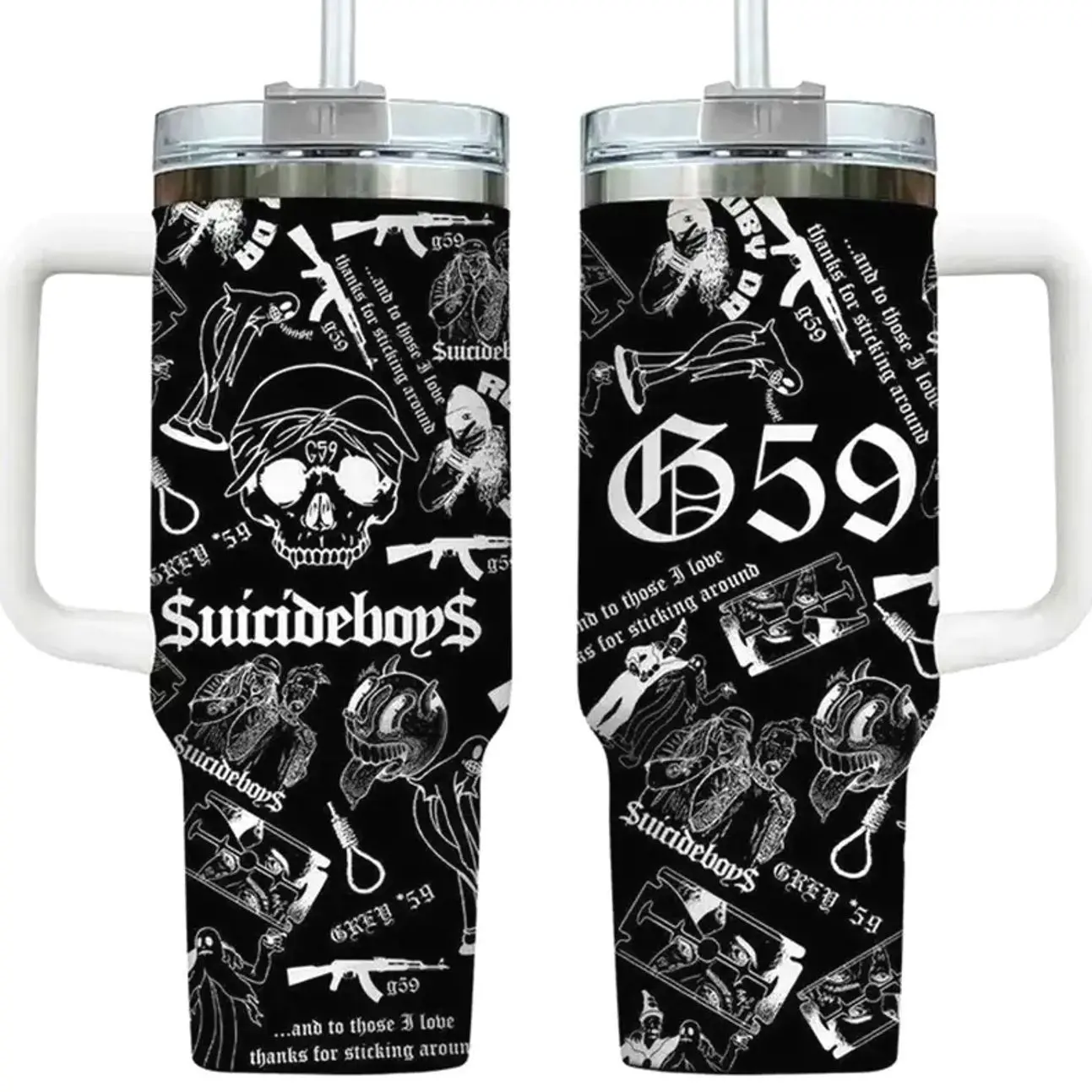 G59 Grey Five Nine Suicideboys 40oz Insulated Tumbler, Multicolor Skull Collage Aesthetic Travel Mug, Dark Trap Goth Underground Rap Style Cup, Premium Stainless Steel Heat Cold Retention Drinkware
