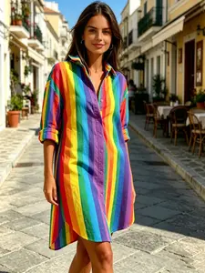 Pride Season Essential Rainbow Striped Shirt Dress for Women | Love Wins Everyday