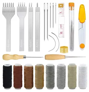 34 Pcs Leather Pouch Kit with Hole Punch,Including Sewing Tools,Waxed Thread and Large-Eye Stitching Needles for Beginner Crafting Projects,DIY Hand Tools Kits