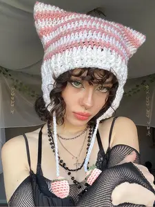 Cute Cat Ear Design Beanie Hat, Striped Pattern Knit Hat with Ear Cover, Fashion Accessories for Women & Girls, Casual Trendy Hat