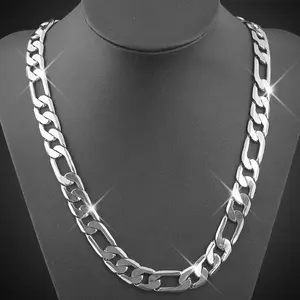 1pc 925 Silver Figaro Chain Silver Plated Stylish12mm Men's Flat Figaro Link Chain Necklace men'saccessoriesFestive Christmas couples gift High-quality souvenir