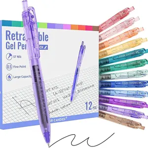 Four Candies 12 Pack Gel Pens, 0.5mm Fine Point Transparent Retractable Pens, Quick Dry Ink - 12 Vibrant Colors for Note Taking & Drawing - Nurse Aesthetic for Home Office School Business