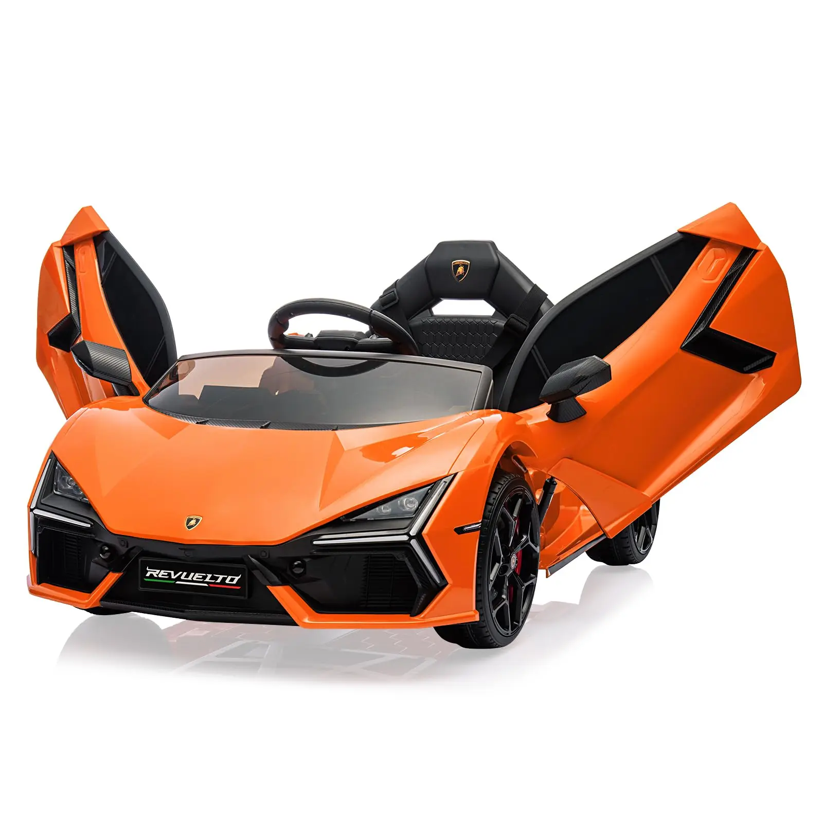 GARVEE Licensed 12V Lamborghini Revuelto Electric Ride-On Car with Ride on Wheels for 3-4 Year Olds, Battery-Powered Sports Toy, Remote Control, Bluetooth, LED Headlights, Music, Lockable Doors, Dual 25W Motors, Orange Exterior, Outdoor Play, Lamborghini
