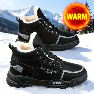 Men's winter snow boots with a sporty and casual high top lace up design, round toe design, PU upper, thick plush lining - non slip, durable, comfortable and fashionable for casual street sports, suitable for hiking and outdoor activities
