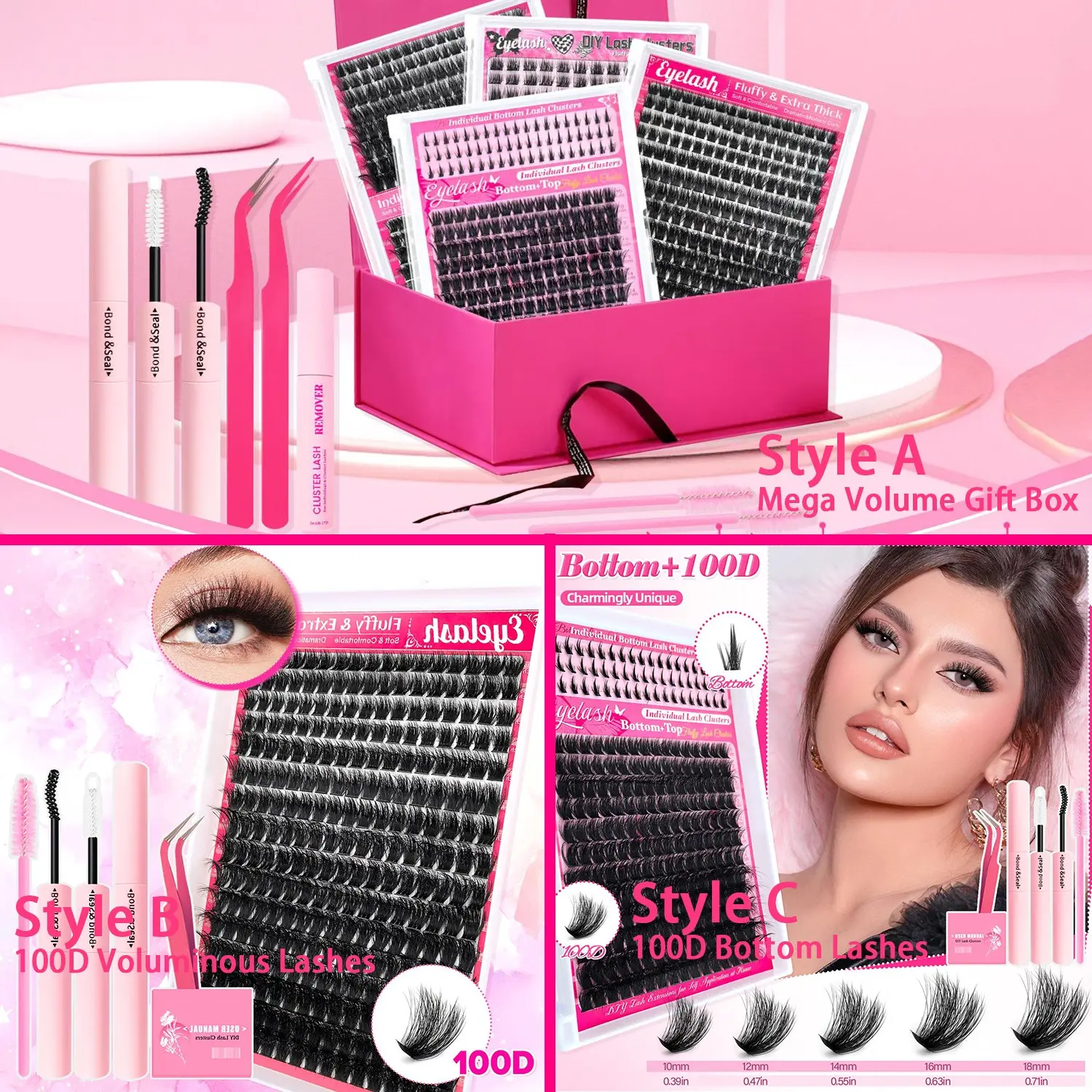 Volumizing False Eyelash Extension Set, Eyelash Falsies, Cluster Eyelash Extensions, Fluffy Eyelashes, Volume Eyelashes, 80D & 100D Lower Lash Style, includes glue, tweezers, remover, fluffy, lightweight, Suitable for everyday wear, parties