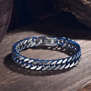 GTHIC Punk Silver Blue Cuban Chain Stainless Steel Bracelet Fashion Minimalist Accessories for Daily Wear