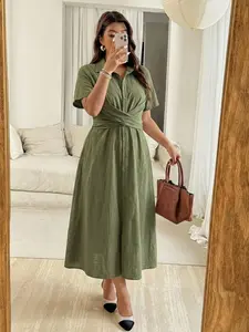 Olive Shirt Dress, Womenswear, Cross Waist Design, Short, Fitted and Simple, Casual, Suitable for Commuting, Dates, Brunch, All Seasons
