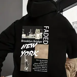 A hoodie featuring the text "NEW YORK" on the back, designed with urban cultural symbols, retro patches, and emotive typography, creating a distinctive piece that embodies urban cultural identity and trendy appeal. It offers a unique dressing style, urban