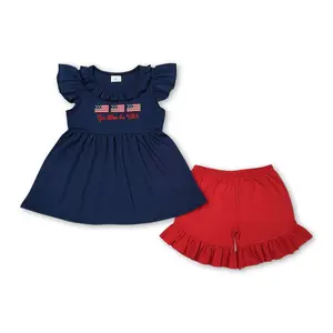 July 4th Embroidered Flag Girls Girls Flutter Sleeves Shorts Set