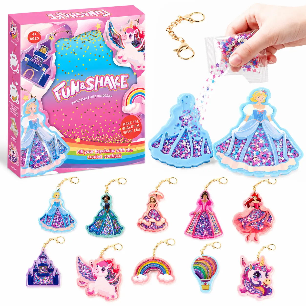 FUN&SHAKE Fairy Tale Castle Princess & Unicorn DIY Shaker Handmade Kit for Girls Ages 4+, 10 Metal Keychains with Confetti, EVA Foam, PET Covers, Keychain Accessories Supplies, Creative Craft Gift, Handmade Keychain