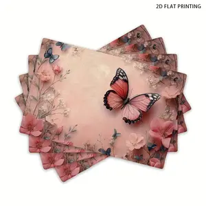 2D flat printing, 2-piece/4-piece/6-piece set of pink flower butterfly table mats, Floral Pattern Placemat, 12x18 inch heat-resistant table mats, decorative washable table mats, very suitable for home table decoration