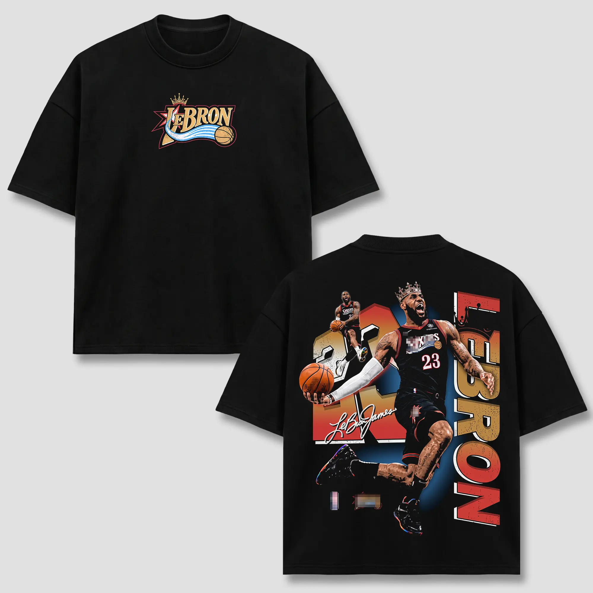 LeBron James T-Shirt, King Crown Philly Sixers #23 Dunk Signature Back Print Vintage Bootleg Basketball Graphic Apparel, Hoops Sports Merch, Basketball Fan Gift, Men Women Heavyweight Oversized Black Vintage Tee, LBJ
