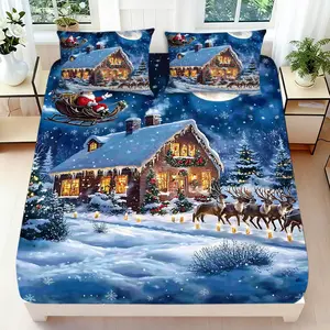 2/3 Pcs 2D Flat Christmas Night Scene Fitted Sheet Set Santa Sleigh Reindeer Snowy House Bedding Set Quilt Cover 1 Fitted Sheet + 1/2 Pillowcases Snowflake Moonlit Decorative Bedding Bedroom Decor