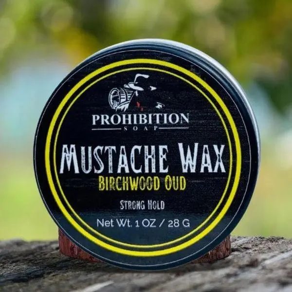 Strong Hold Mustache Wax with Apricot Kernel Oil - Locks in Moisture & Tames Fly-Aways, Rich in Vitamins for Men, 1 oz, Fragrance Oil., Birchwood Oud Scent, Organic Golden Jojoba Oil