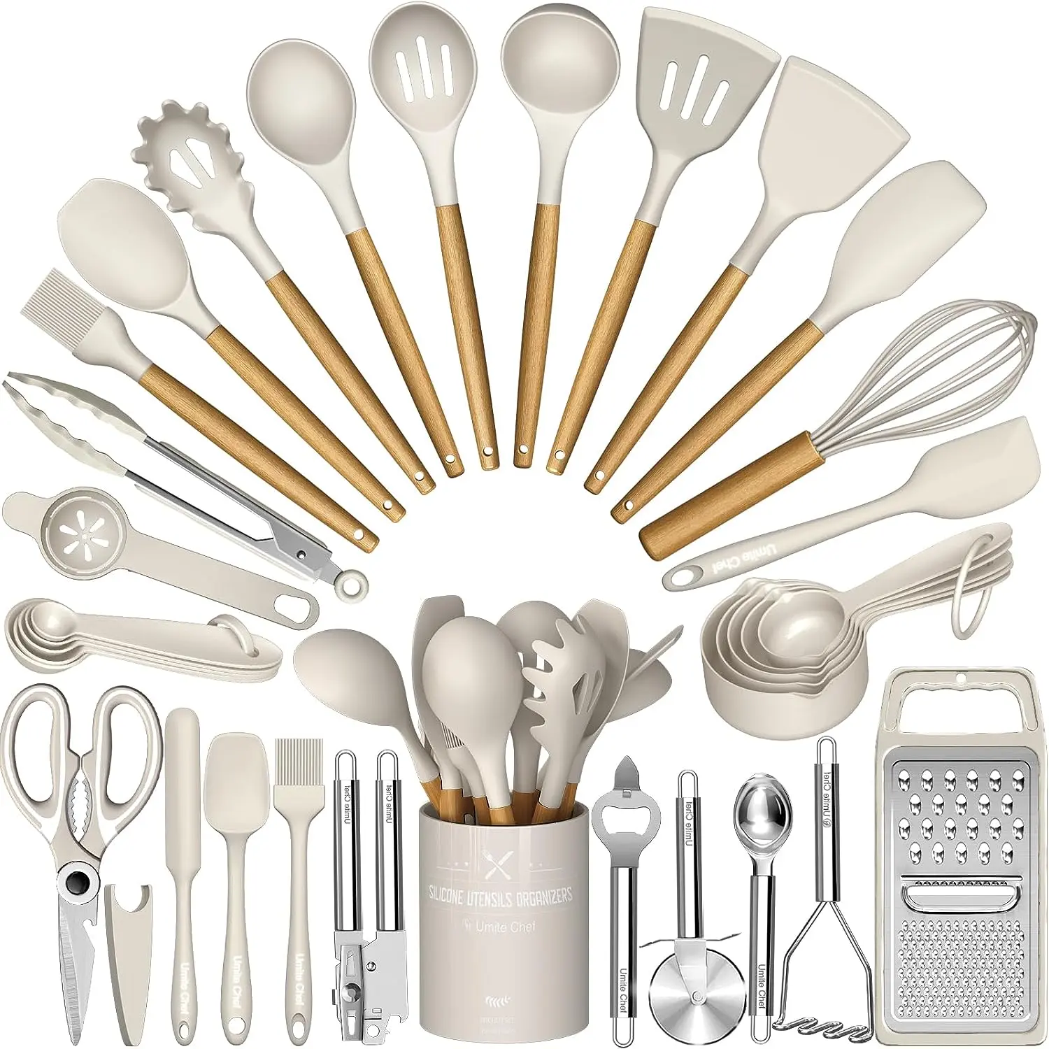 Upgrade your kitchen with the Umite Chef 34-Piece Khaki Silicone Utensils Set! Perfect for nonstick cookware, it includes heat-resistant gadgets, graters, and stylish wooden handle spatulas. Cook with confidence and style! #KitchenEssentials #CookingTools