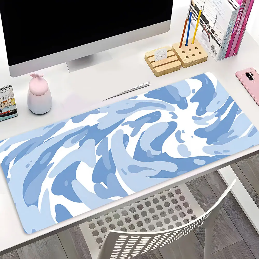 Blue White Fluid Abstract Art Gaming Mouse Pad, Washable Office Desk Pad Non-Slip Rubber Base Stitched Edge Gaming Accessory, Computer Desk Accessories For Desk Laptop Home Office Gift For Gaming Enthusiasts, Desk Decor
