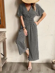 Women's All Over Print Shirred Wide Leg Jumpsuit, Elegant Boho Fashion Casual Pocket V Neck Jumpsuit for Daily Outdoor Wear, Women Jumpsuits for All Seasons, Womenswear