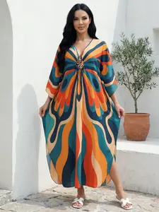EDOLYNSA kaftans for woman Boho Casual Kaftan Moo Moo Dress Batwing Sleeve lounge wear Soft printing beach wear comfy house robe Bohemian vacation swimsuit cover-up summer daily wear Q1628