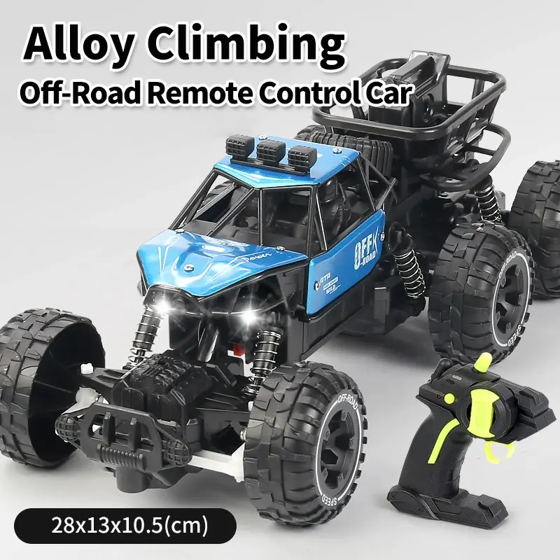 6-wheel all-terrain remote control car with 2.4Ghz stable signal. Built-in bright headlights and shock absorbers, supports fast speed and strong climbing ability, perfect outdoor off-road toy for summer vacation fun.