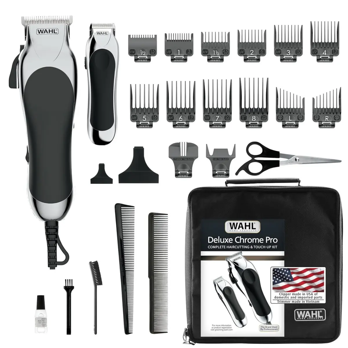 Deluxe Corded Hair Clipper & Cordless Trimmer Kit with Heavy-Duty Motor, Self-Sharpening Blades, 14 Guide Combs & Storage Case, Attachment, Adjustable, Brush, Plug, Barber Kit, Cordless Clippers Set, Thick Hair, Chrome, Wall Outlet, Apply Oil, Corded Plug