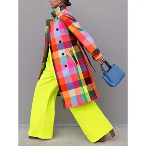 Women's colorful checkered trench coat with button down waistband design, machine washable polyester outerwearRAIMENTRY