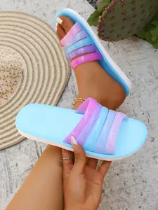 Fashionable Non-Slip Comfortable Women's Flat Sandals, Home Indoor Use, Crystal Jelly Rainbow Plastic Slippers, Outdoor Wear