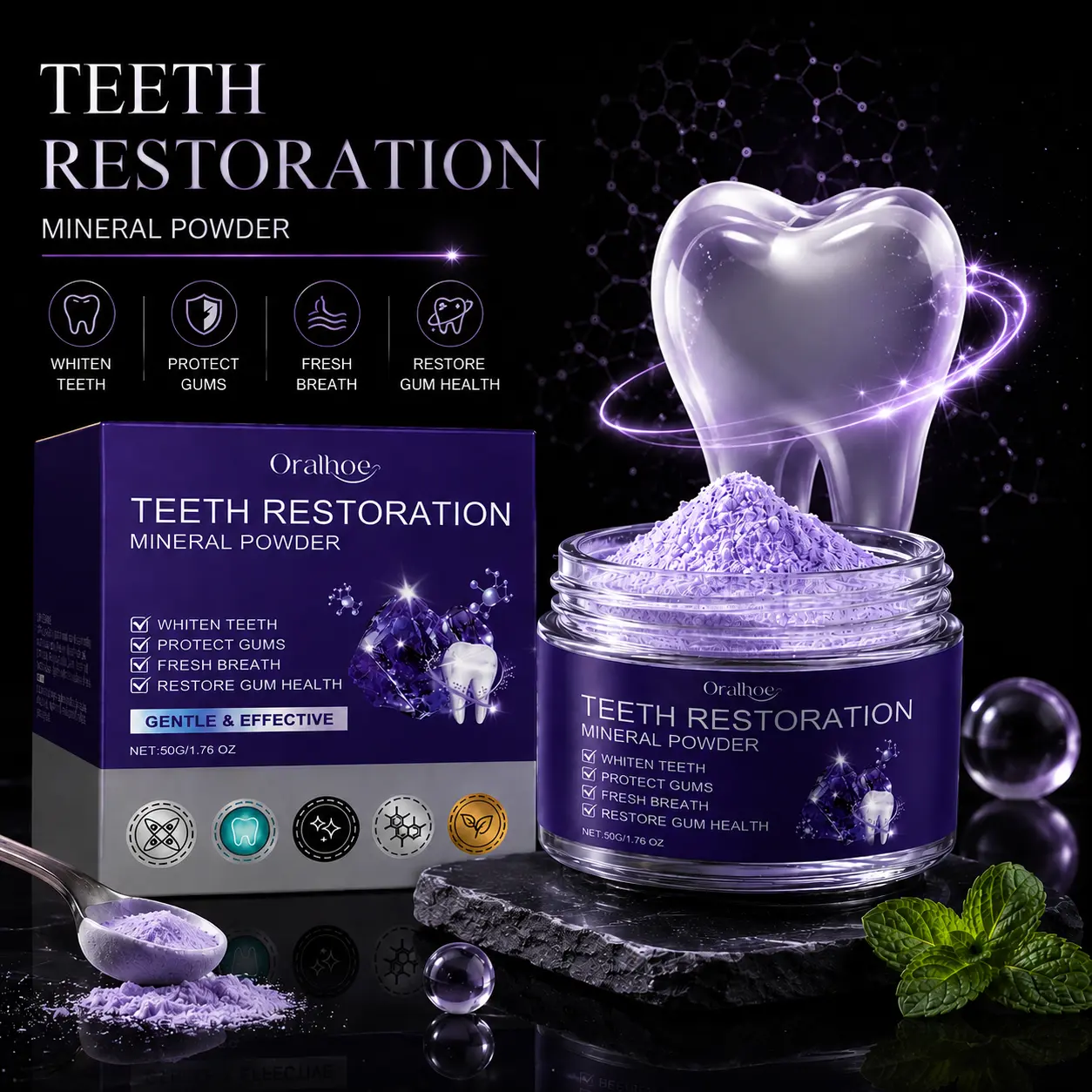 Purple Teeth Whitening Powder, Mineral Tooth Powder for a Brighter-Looking Smile, Fresh Breath Oral Care Formula, Gentle Daily Dental Care Routine with Easy-to-Use Powder Texture