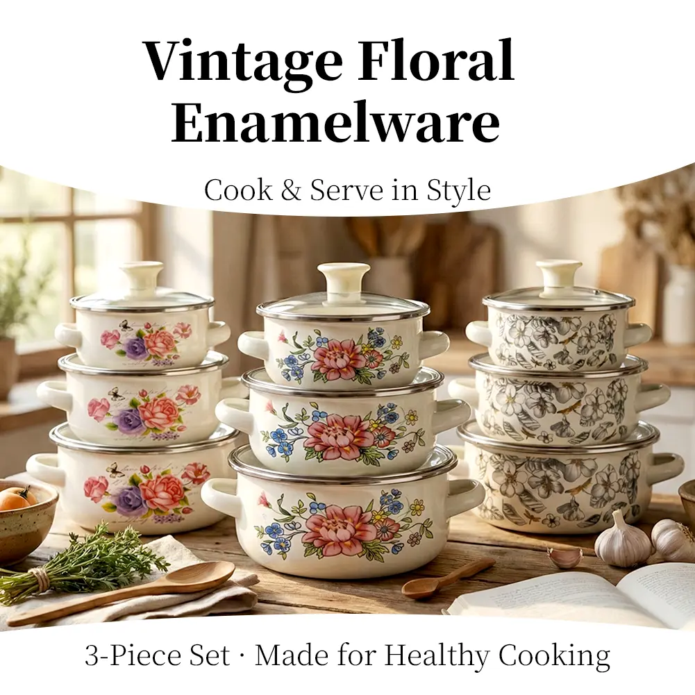 Children’s 3-Piece Mini Enamel Kitchenware Set - Aesthetic Vintage Floral Print, Sturdy Lightweight Non-Toxic Steel, Lidded Pot, Soup/Noodle Bowls, Handled, Home Cooking Use, Odor-Resistant, Durable Summer Gift, Enamelware, Mini Size