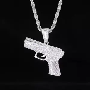 Iced Out Gun Pendant Men's Statement Chain Necklace Bling Rapper Accessory Sparkling Bling Material Unique Eye-Catching Design Perfect for Rappers and Bold Accessories Complimentary shipping